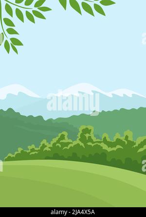 Sommerlandschaft der Natur. Grüne Wälder, Hügel, Felder, Berge und blauer Himmel. Ländliche Umgebung. Flache Vektorgrafik Stock Vektor