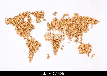 Weltkarte aus Weizenkörnern. Getreidekontinente. Konzept der globalen Nahrungsmittelknappheit und Hunger, des Exports und der Nahrungsmittelversorgungskette. Stockfoto