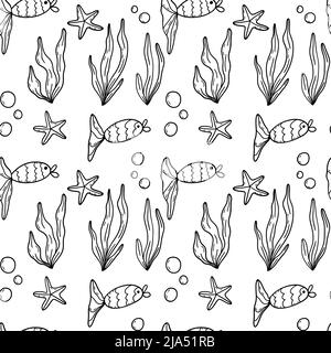 Marine kleine Fische blak Tinte Umriss in Doodle Stil nahtlose Muster. Stock Vektor