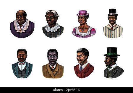 Eleganter Mann. Männliches Gesicht. afroamerikanische Herren. Viktorianische Zeit. Mode und Kleidung. Geschäftsmann im Anzug. Handgezeichnet Alte Skizze. Vintage graviert Stock Vektor
