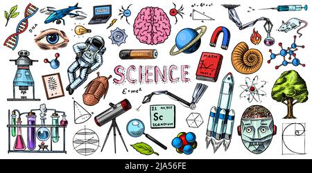 Science-Banner. Handgraviert in alten Skizzen und Vintage-Stil gezeichnet. Astronaut und Rakete. Wissenschaftliche Formeln und Berechnungen in der Physik und Stock Vektor