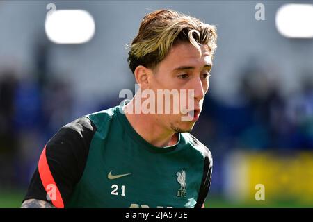 Paris, Frankreich. 27.. Mai 2022. Kostas Tsimikas (21) aus Liverpool bei einem Training vor dem UEFA Champions League-Finale zwischen Liverpool und Real Madrid im Stade de France in Paris. (Foto: Gonzales Photo/Alamy Live News Stockfoto