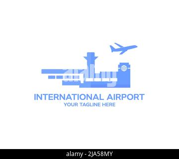 Blick auf den Flughafen mit dem Flugzeug. Modernes internationales Flughafenlogo-Design. Flugzeugtechnologie und Weltreisen concep Vektor-Design und Illustration. Stock Vektor