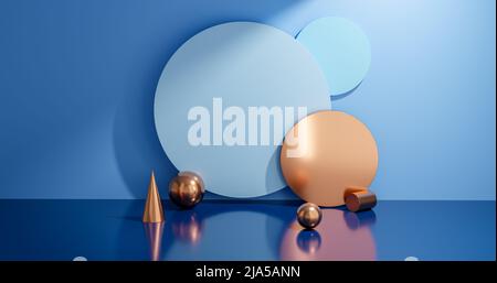 3D abstrakter Studioraum mit Podest-Podium. Geometrische Plattform aus Bronze und Pastellblau mit kreisüberlagerungsfarbenem Hintergrund. Moderne Minimalszene für Dämonst Stockfoto