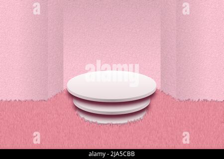 Mehrstufiges, rundes weißes Podium auf flauschigem rosa Teppich. Verputzte rosafarbene Wand mit Nische. Plattform oder Standfuß zeigen Stock Vektor