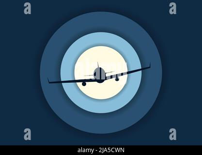 Silhouette eines Passagierflugzeugs hebt vor dem Hintergrund des Mondes ab. Vektorgrafik. Reisepapierlogo-Konzept Stock Vektor