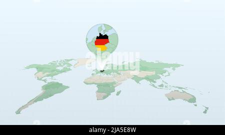 Weltkarte in Perspektive mit der Lage des Landes Deutschland mit detaillierter Karte mit der Flagge Deutschlands. Vektorgrafik. Stock Vektor