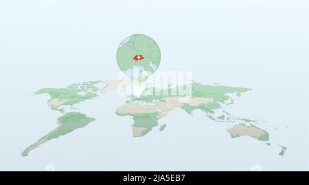 Weltkarte in Perspektive mit der Lage des Landes Schweiz mit detaillierter Karte mit der Flagge der Schweiz. Vektorgrafik. Stock Vektor