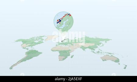 Weltkarte in Perspektive mit der Lage des Landes Norwegen mit detaillierter Karte mit der Flagge Norwegens. Vektorgrafik. Stock Vektor