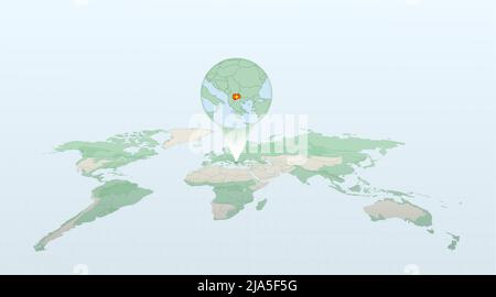 Weltkarte in Perspektive mit der Lage des Landes Mazedonien mit detaillierter Karte mit Flagge von Mazedonien. Vektorgrafik. Stock Vektor