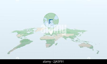 Weltkarte in Perspektive mit der Lage des Landes Griechenland mit detaillierter Karte mit der Flagge Griechenlands. Vektorgrafik. Stock Vektor