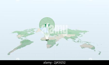 Weltkarte in Perspektive mit der Lage des Landes Nigeria mit detaillierter Landkarte mit der Flagge von Nigeria. Vektorgrafik. Stock Vektor