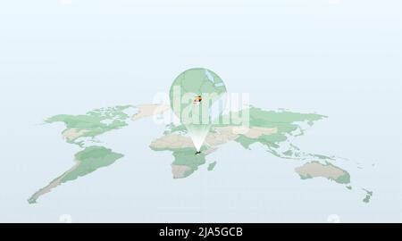 Weltkarte in Perspektive mit der Lage des Landes Uganda mit detaillierter Karte mit der Flagge Ugandas. Vektorgrafik. Stock Vektor
