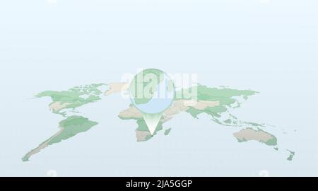 Weltkarte in Perspektive, die die Lage des Landes Swasiland zeigt, mit detaillierter Karte mit Flagge Swasilands. Vektorgrafik. Stock Vektor