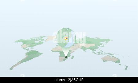 Weltkarte in Perspektive mit der Lage des Landes Simbabwe mit detaillierter Karte mit Flagge von Simbabwe. Vektorgrafik. Stock Vektor