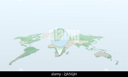 Weltkarte in Perspektive mit der Lage des Landes Lesotho mit detaillierter Karte mit Flagge von Lesotho. Vektorgrafik. Stock Vektor