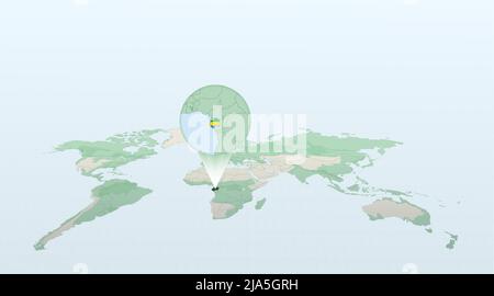 Weltkarte in Perspektive mit der Lage des Landes Gabun mit detaillierter Karte mit der Flagge Gabuns. Vektorgrafik. Stock Vektor
