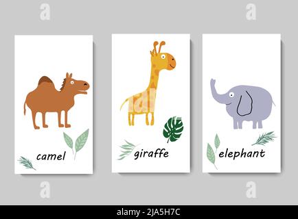 Set von Karten mit Cartoon-Tieren - Kamel, Giraffe, Elefant. Stock Vektor