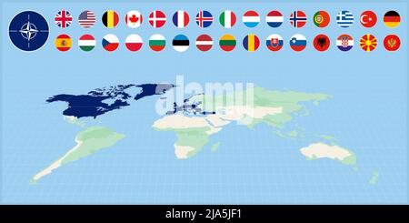 Mitgliedsländer der Nordatlantik-Allianz auf der Weltkarte ausgewählt. Flaggensatz von Allianzmitgliedern. Weltkarte in Perspektive. Stock Vektor