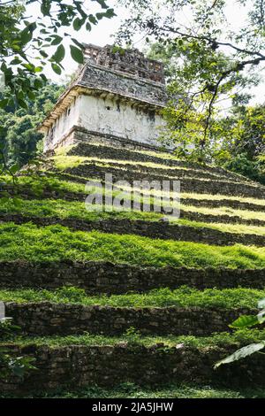Die Rückseite des Tempels des Grafen von Palenque, einer archäologischen Stätte der Maya in Chiapas, Mexiko Stockfoto