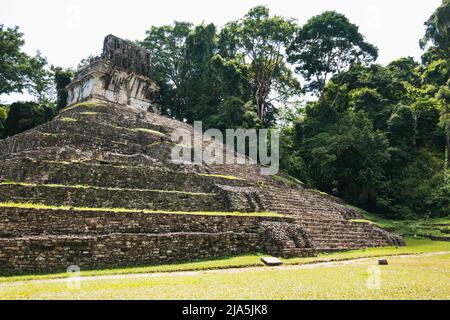 Stufen führen die Seite des Maya-Tempels der Grafen-Pyramide in der Archäologischen Zone Palenque, Bundesstaat Chiapas, Mexiko hinauf Stockfoto