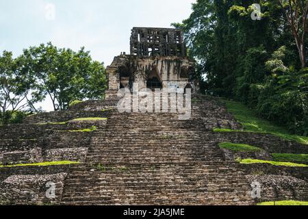 Stufen führen die Seite des Maya-Tempels der Grafen-Pyramide in der Archäologischen Zone Palenque, Bundesstaat Chiapas, Mexiko hinauf Stockfoto