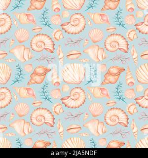 Aquarell Muscheln nahtlose Muster, handgezeichnete Sommer ocen Dekor wiederholen Papier, Muscheln Scrapbook Papier. Stockfoto