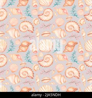 Aquarell Muscheln nahtlose Muster, handgezeichnete Sommer ocen Dekor wiederholen Papier, Muscheln Scrapbook Papier. Stockfoto
