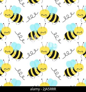 Nahtloses Muster mit fliegenden Bienen. Cartoon niedliche Biene Zeichen mit positiven Emotionen. Handgezeichnete Baby Vektor Illustration mit niedlichen Biene. Konzept für Stock Vektor
