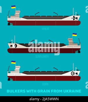 Serie von Illustrationen von ukrainischen Massengutfrachtern mit Getreide Mais, Sonnenblumen, Weizen auf blauem Meeresgrund. Massengutfrachter tragen eine gelb-blaue Flagge. Stock Vektor