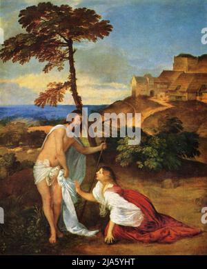 Noli me tangere (Don't touch me) von Titian. Die Szene zeigt, wie Jesus Maria Magdalena aufsieht, aber er bittet sie, ihn nicht zu berühren, da seine Himmelfahrt noch nicht abgeschlossen ist. In Johannes 20:1-13 sieht Maria Magdalena den auferstandenen Jesus allein und sagt ihr: "Rühre mich nicht an, denn ich bin noch nicht zu meinem Vater aufgefahren." Stockfoto