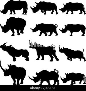 Set von Nashorn Silhouette in verschiedenen Posen Cartoon Tier Design flache Vektor-Illustration isoliert auf weißem Hintergrund Stock Vektor