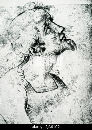 Diese Zeichnung, Head in Profile, von Raphael (1483-1520) ist an der Akademie der bildenden Künste in Venedig. Das umgedrehte Gesicht könnte das Haupt eines heiligen sein. Der italienische Maler und Architekt der Hochrenaissance war der italienische Sanzio da Urbino. Sein Werk wird für seine Klarheit der Form, die Leichtigkeit der Komposition und die visuelle Verwirklichung des neoplatonischen Ideals menschlicher Größe bewundert. Stockfoto