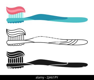 Zahnbürstensymbol, Mundreinigungswerkzeug und Zahnpasta, Silhouette oder Doodle Line Set. Zahngesundheit Symbol, Zahnmedizin Mundhygiene, gesunde und saubere Zähne. Modernes Design Logo Website mobile App Stock Vektor