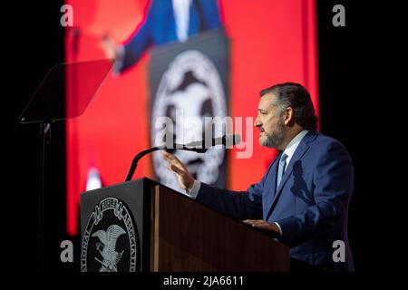 Houston, Usa. 27.. Mai 2022. US-Senator TED CRUZ aus Texas spricht auf der jährlichen Führungskonferenz der National Rifle Association. Cruz beschuldigt die Biden-Regierung der Teilverantwortung für die Massenschießerei am Dienstag in Uvalde, Texas, bei der 21 Tote starben. Kredit: Bob Daemmrich/Alamy Live Nachrichten Stockfoto