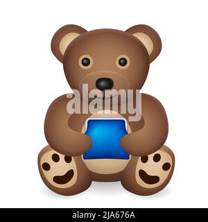 Teddybär mit Retro-Geldbörse auf weißem Hintergrund. Vektorgrafik. Stockfoto
