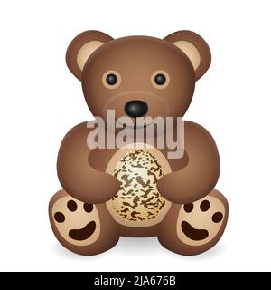 Teddybär mit Wachtelei auf weißem Hintergrund. Vektorgrafik. Stockfoto