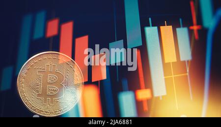 Virtuelles Kryptowährungskonzept. Bitcoin Cryptocurrency Coins. Börsenkonzept, digitales Geld und Aktiengeschäft. Stockfoto