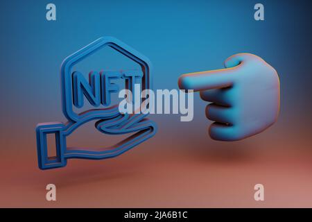 Schöne Illustrationen abstrakte Hand Zeigefinger zeigt auf NFT Hand Symbol Symbol Symbol auf einem mehrfarbigen hellen Hintergrund. 3D Rendering-Illustration. Backgr Stockfoto