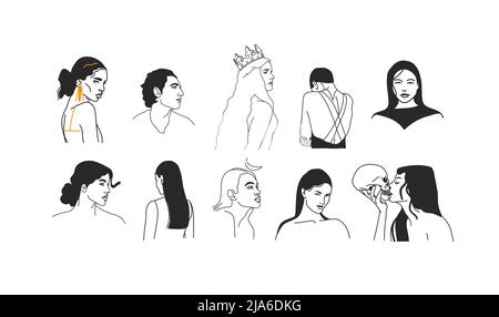 Hand gezeichnet Vektor abstrakt Stock flach Grafik Illustrationen Sammlung mit Logo-Elemente gesetzt, magische heilige boho Menschen Porträts in Linie Kunst in einfach Stock Vektor