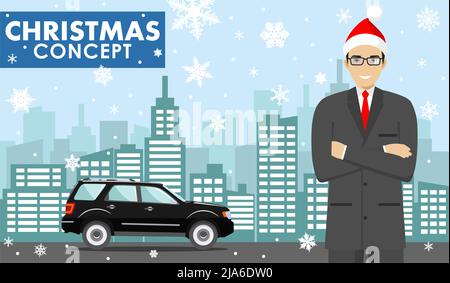 Detaillierte Illustration des jungen Geschäftsmannes im Weihnachtsmann-Hut auf Hintergrund mit schwarzem Auto und Stadtbild im flachen Stil. Vektorgrafik. Stock Vektor