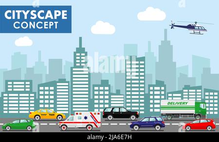 Stadtbild-Konzept. Horizontales Banner für Stadtverkehr mit verschiedenen bunten Autos auf der Straße und moderner Stadtbild-Vektor-Illustration. Taxi, Ambulan Stock Vektor