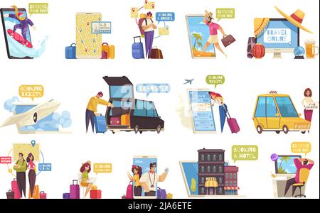 Reise-Buchungsset flach Vektor Illustration Design Stock Vektor