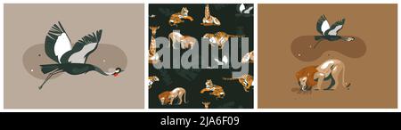 Hand gezeichnet Vektor abstrakt Stock flach Grafik modern Sommer Safari Savanne Tiere Drucke und Muster Sammlung auf Farbhintergrund isoliert gesetzt. Stock Vektor