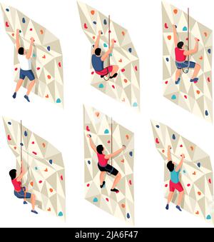 Isometrisches Kletterset mit isolierten Ikonen Figuren des Trainings von Menschen auf Seilen Klettern Training Wand Vektor-Illustration Stock Vektor