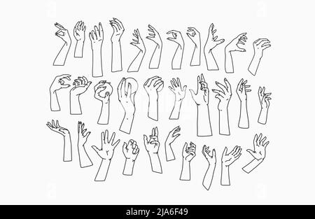 Womans Hand Collection Line Set im Bundle. Vektor feminine Illustrationen von weiblichen Händen mit verschiedenen Gesten. Lineart in einem trendigen minimalistischen Stil Stock Vektor