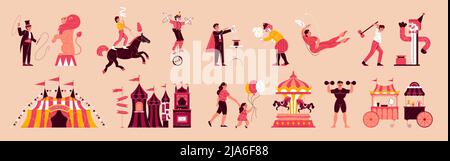 Zirkus-Jahrmarkt mit isolierten Ikonen des Wanderzirkus Big Top und Figuren von Besuchern und Performern Vektor-Illustration Stock Vektor
