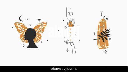 Hand gezeichnet Vektor abstrakt Stock flache Grafik-Illustration mit Logo-Element, böhmische magische Kunst der goldenen Sonne, Frau Hand Silhouetten und Sterne in einfachen Stock Vektor