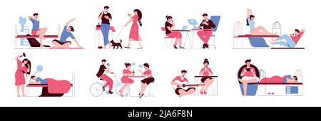 Mann Frau tägliche Routine-Farbsatz von isolierten Symbolen mit Doodle menschliche Zeichen in verschiedenen Situationen Vektor-Illustration Stock Vektor