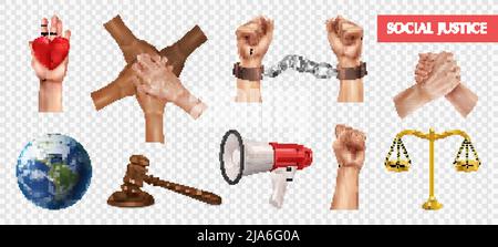 Soziale Gerechtigkeit Transparente Reihe von menschlichen Faust aus Protest erhoben Richter gavel Skalen Globus realistische Symbole isoliert Vektor Illustration Stock Vektor